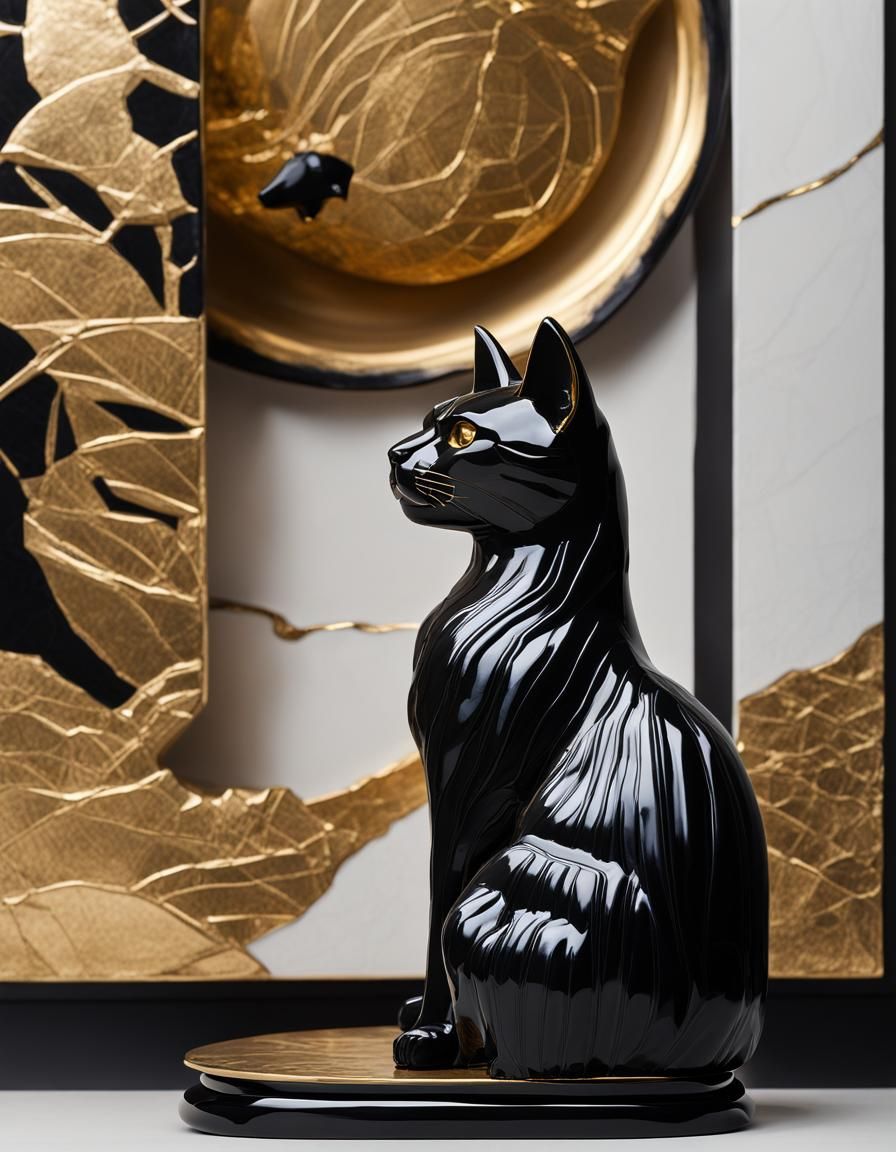 Kintsugi Black Cat Porcelain in Gold Setting