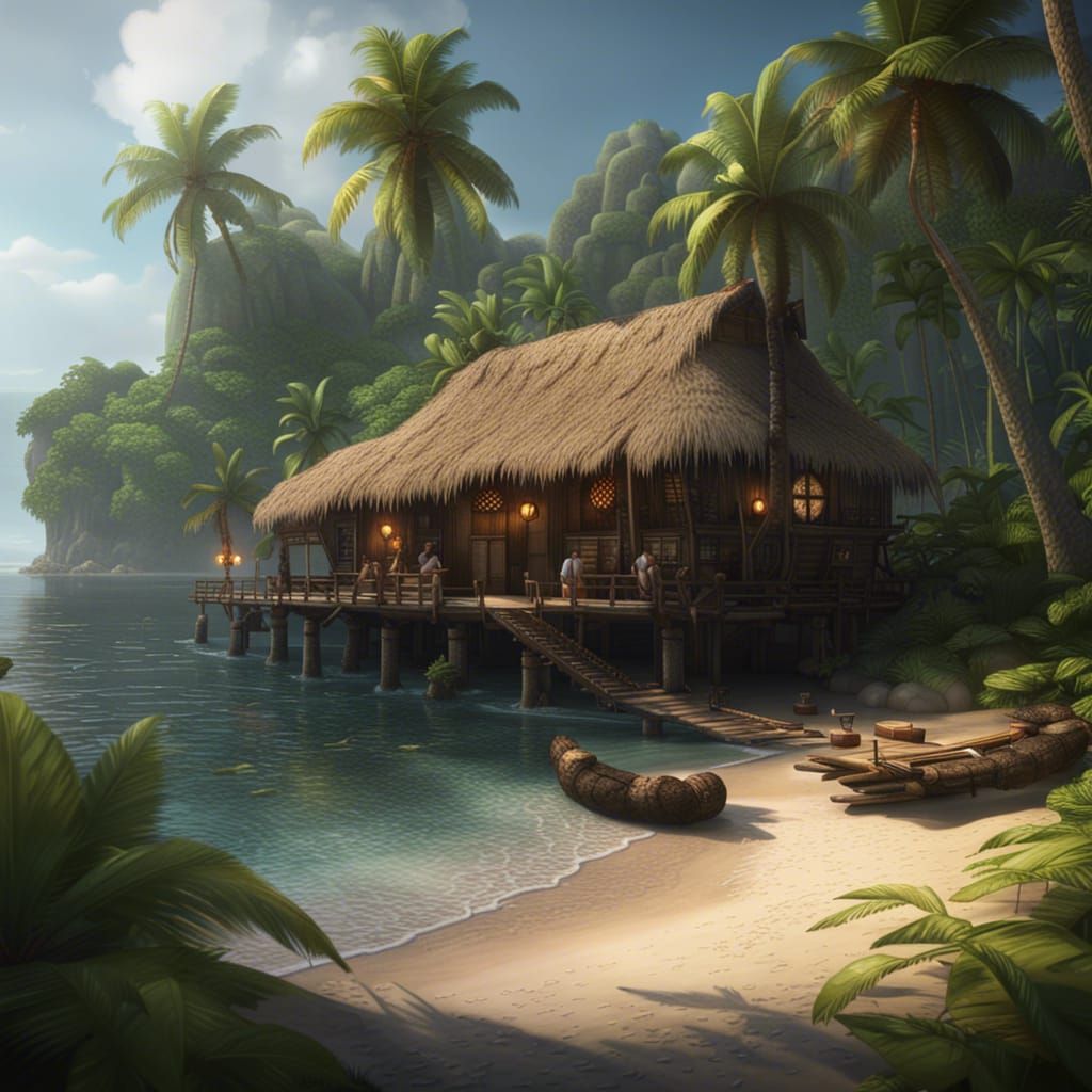 Tropical Beach Tiki Bar in Hyperdetailed Style