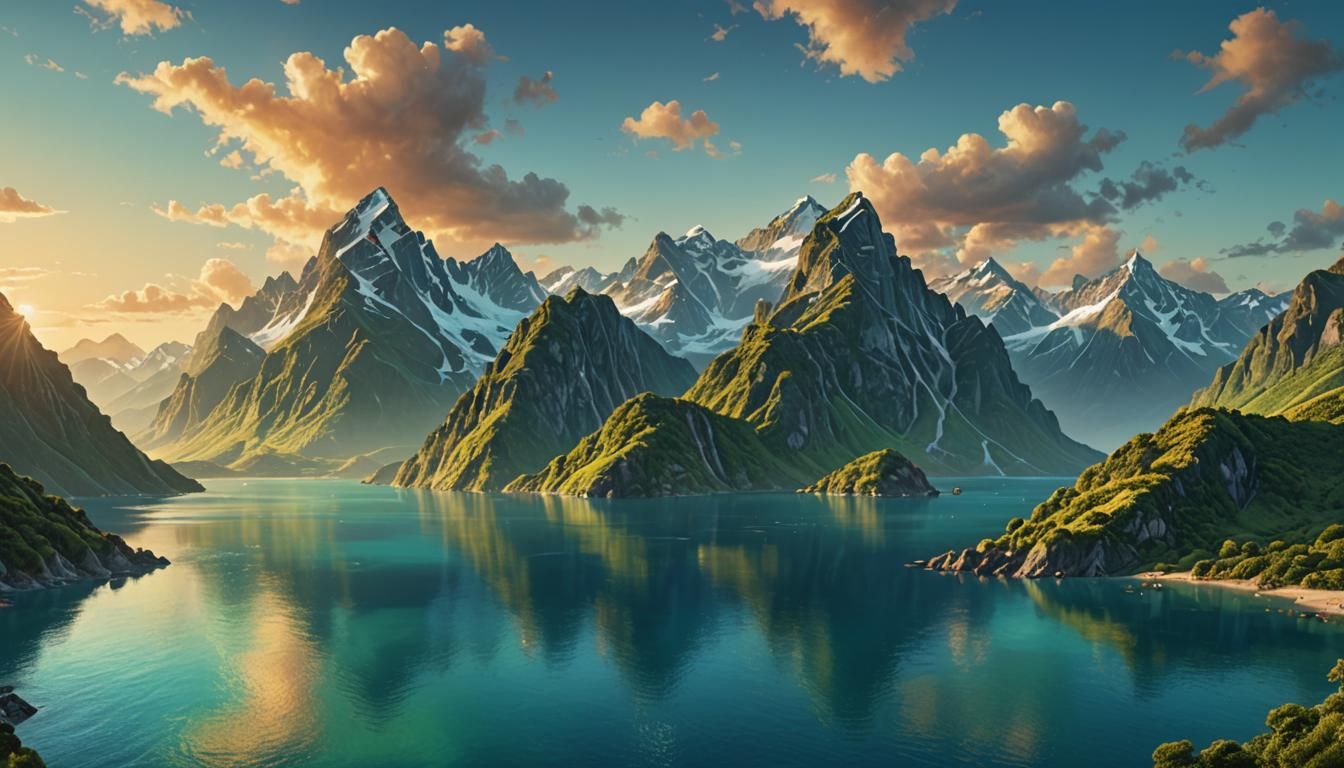 Majestic Mountains Meet Serene Sea at Dawn