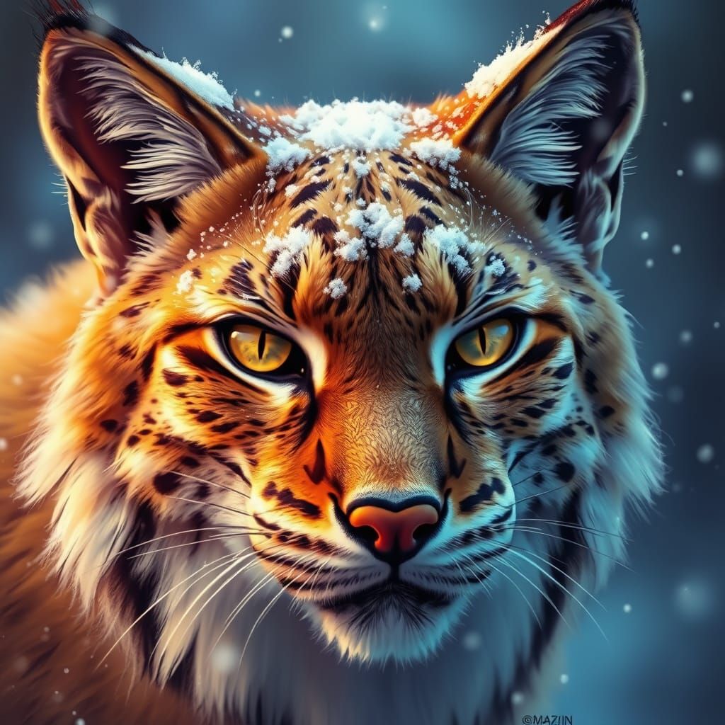 Ethereal Lynx Portrait in Snow, Oil Painting Style