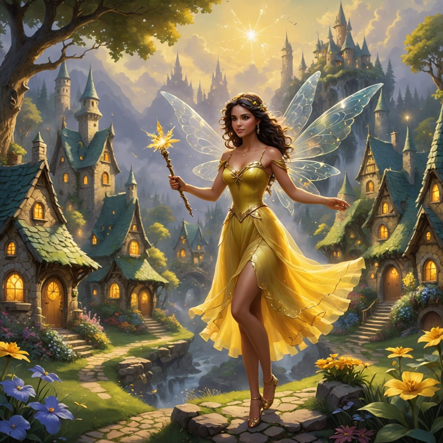 Hispanic Fairy Flying Through Fairy Village