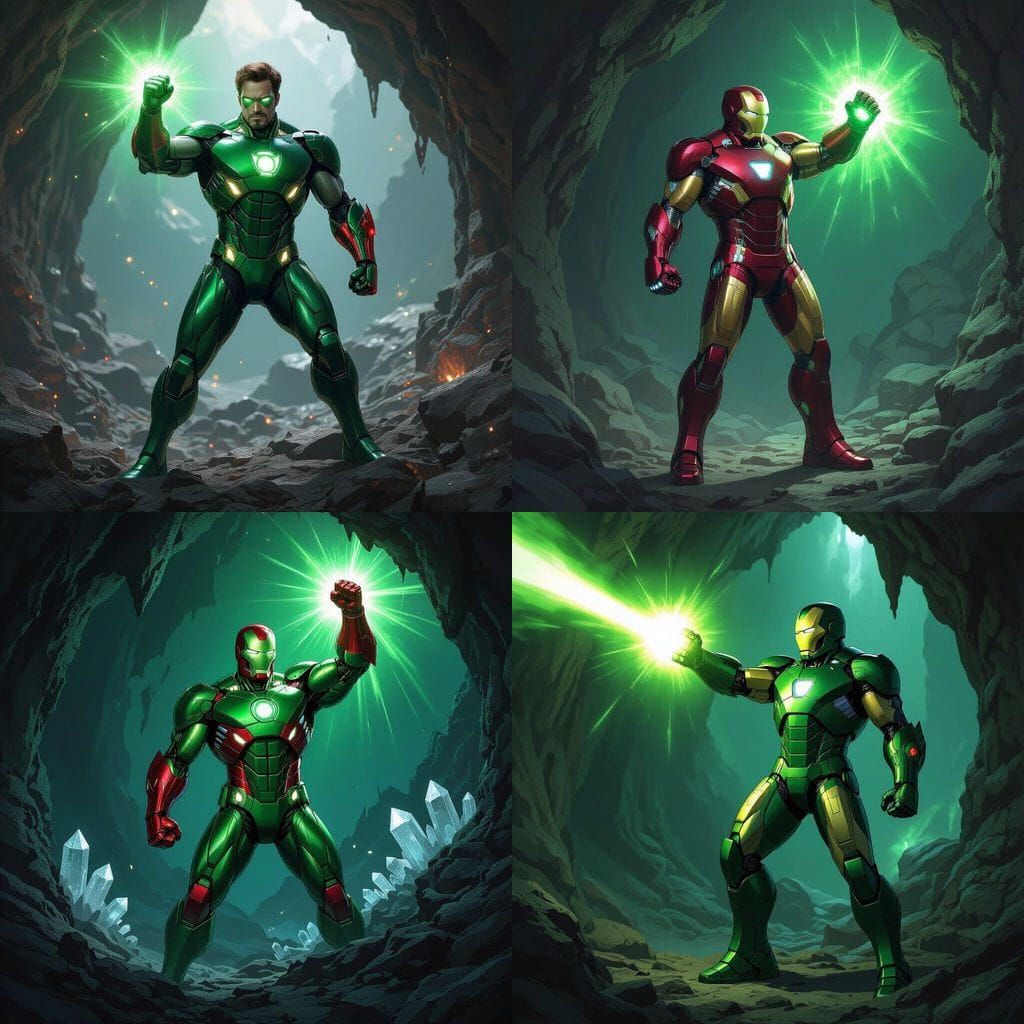 Green Lantern Iron Man Armor in Cave with Light Fist