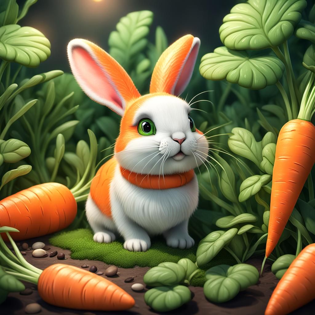 A plump, orange carrot with big, floppy green leaves for ears. Two tiny black eyes twinkle above a rosy blush on its rou...