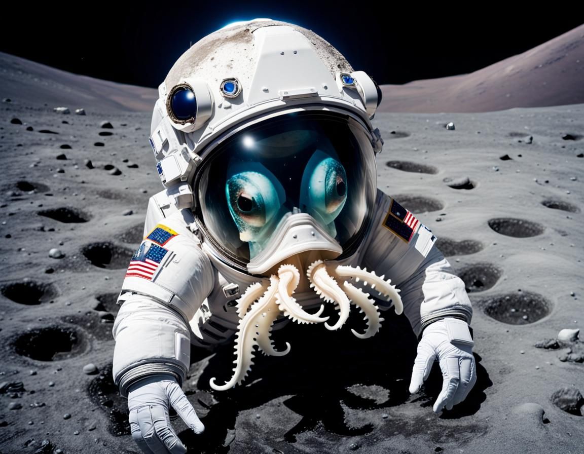 Cuttlefish Astronaut on Lunar Surface in Spacesuit