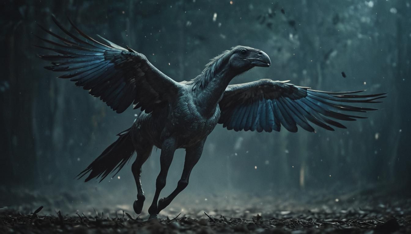 Dramatic Horse-Bird Hybrid in Cinematic Film Still