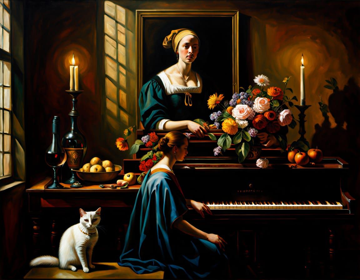Melancholic Lounge Scene: Woman, Cat, and Wine