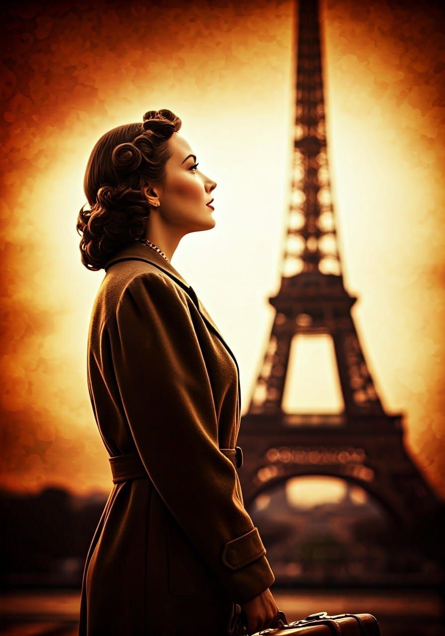 Parisian Wonder: Woman at Eiffel Tower in Vintage Style