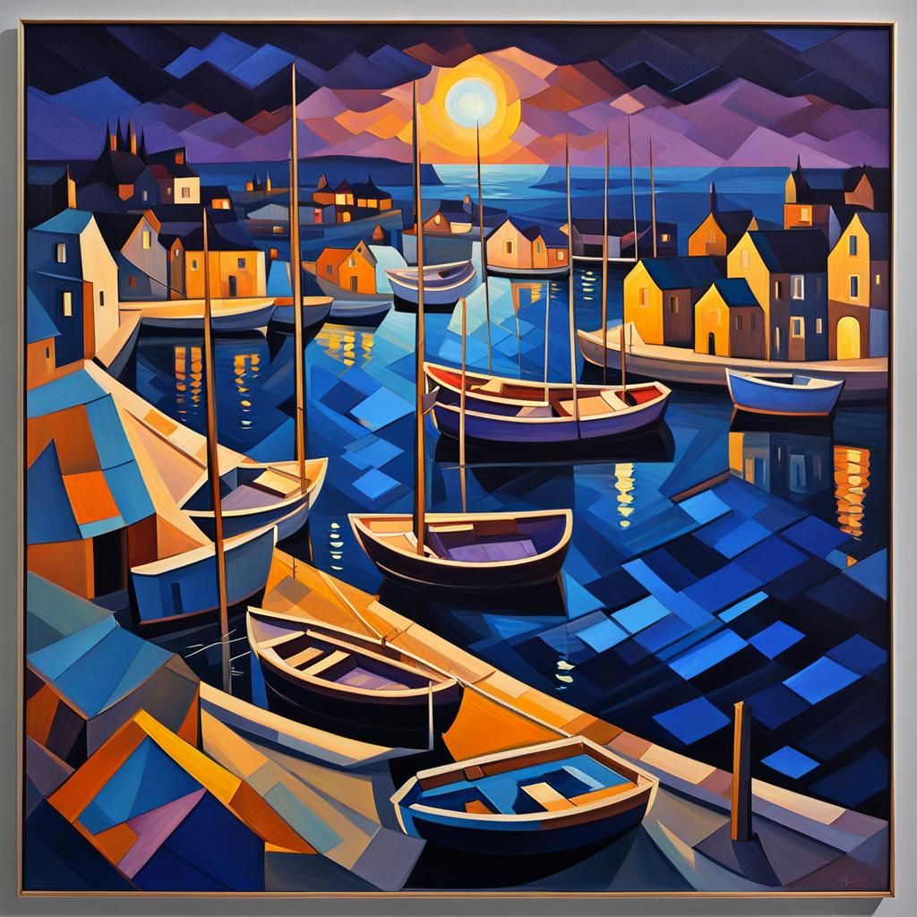 Cubist Harbour Scene Under Starry Night Sky