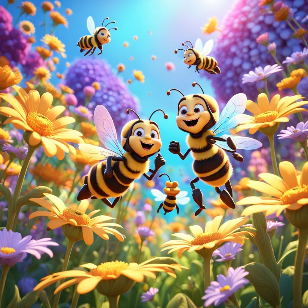 Honey Bees in Flower Garden: 3D Digital Art