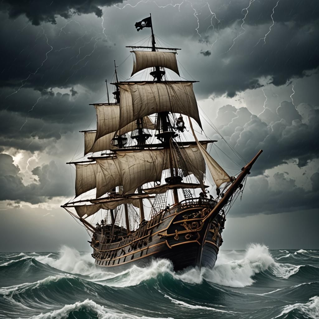 Pirate Ship Sailing Through Stormy Seas