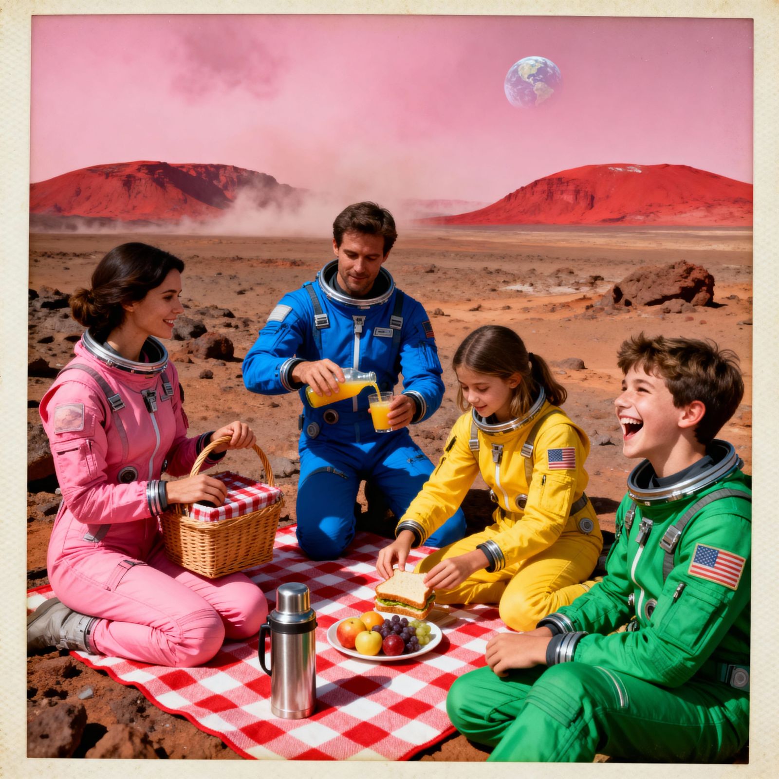 Family Picnic on Mars in 2050 Vintage Polaroid Style