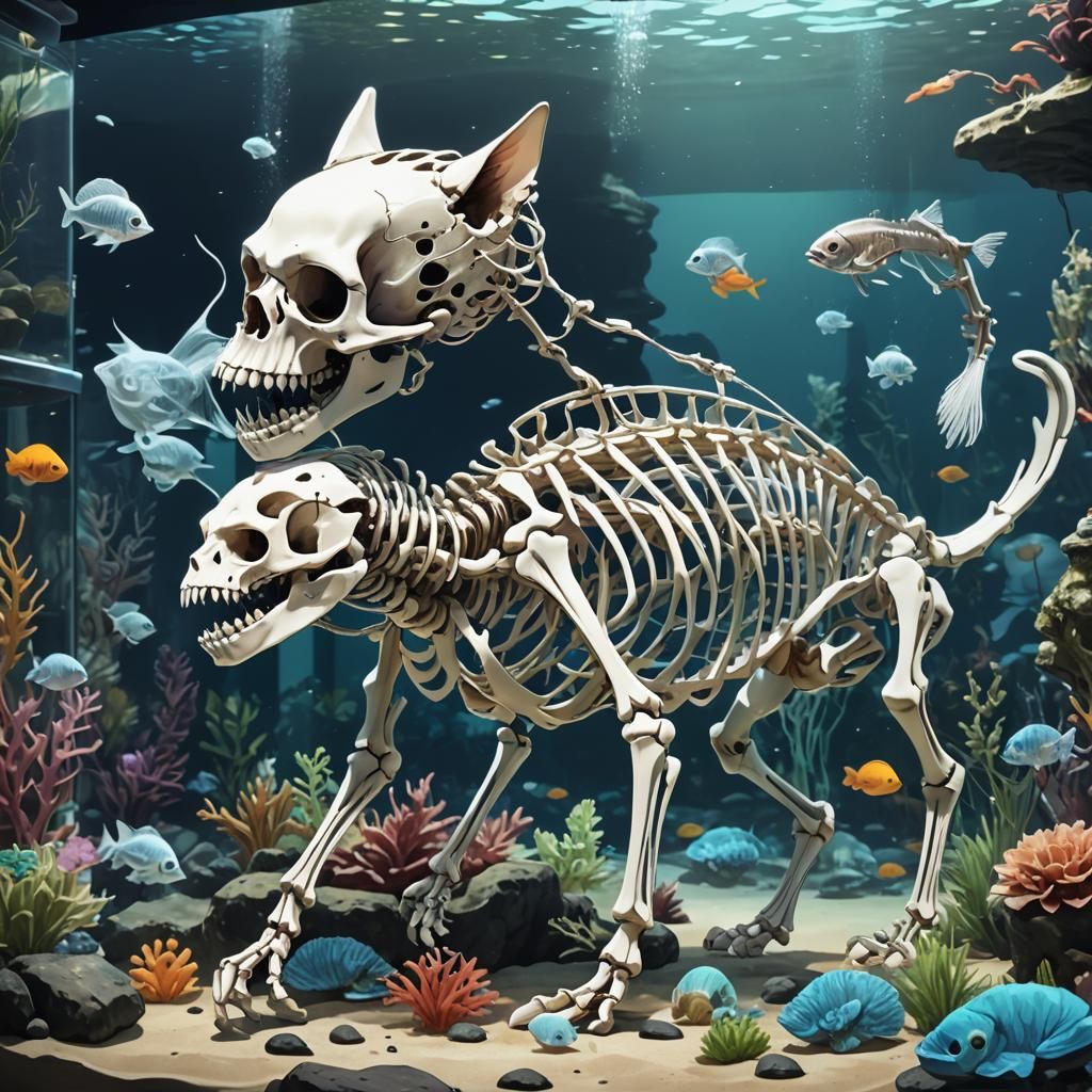 Cat Skeleton Feast in Aquarium: Anime Style