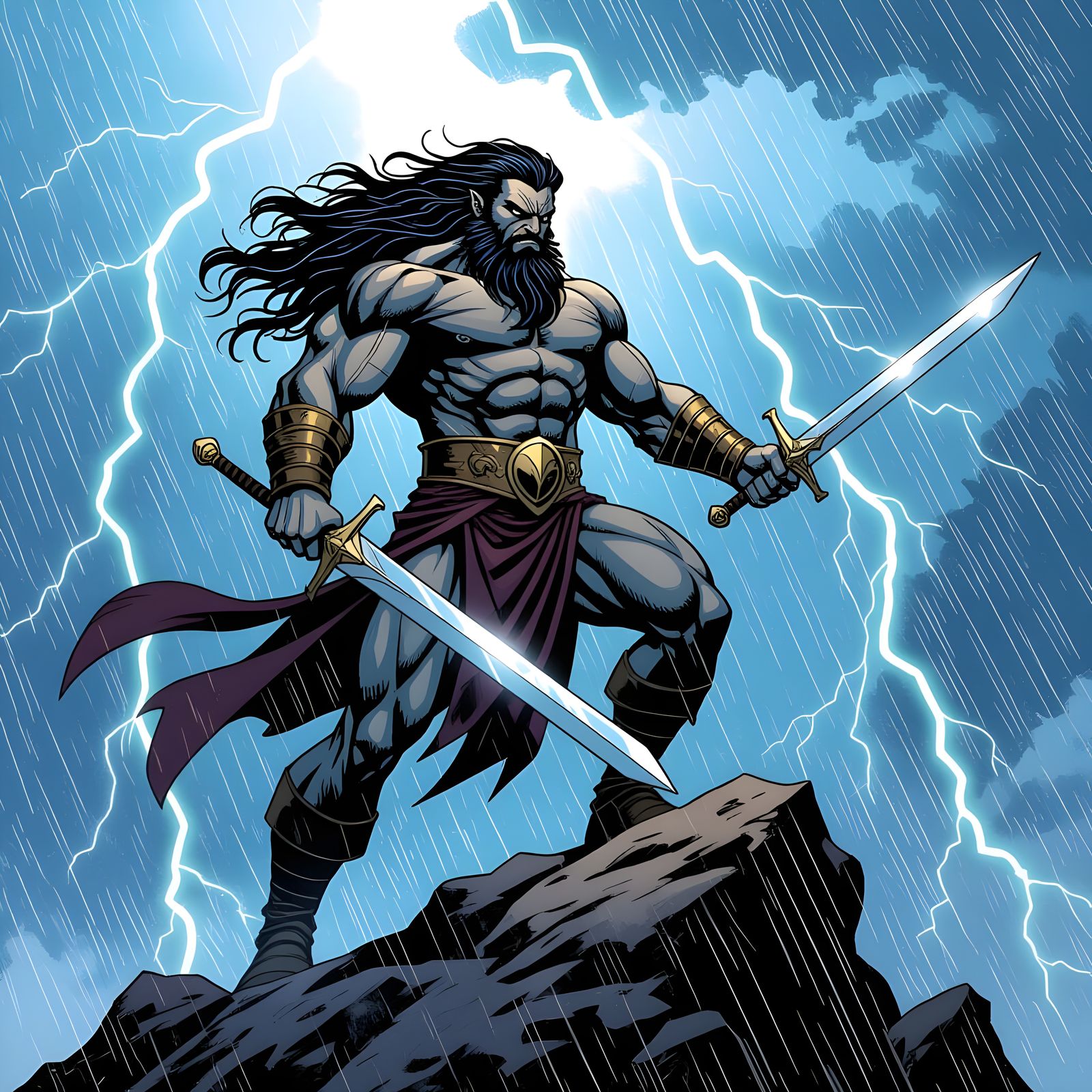 Muscular Centaur Warrior on Mountaintop in Lightning Storm