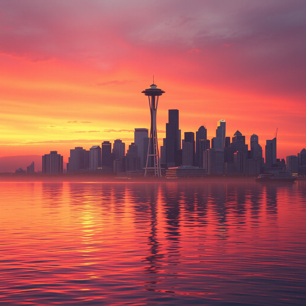 Seattle Sunset Skyline in Photorealistic Matte Painting