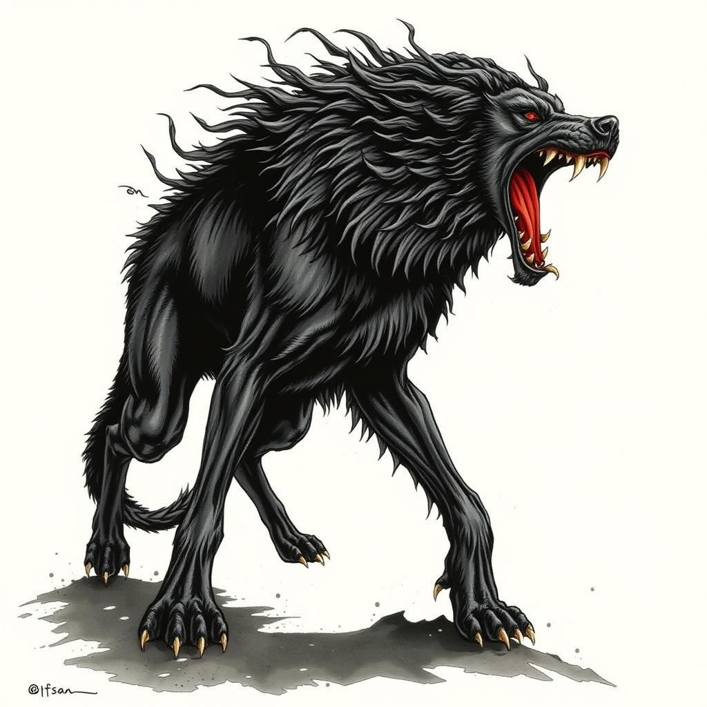 Colossal Hellhound Wagging Tail in Dark Romanticism Style
