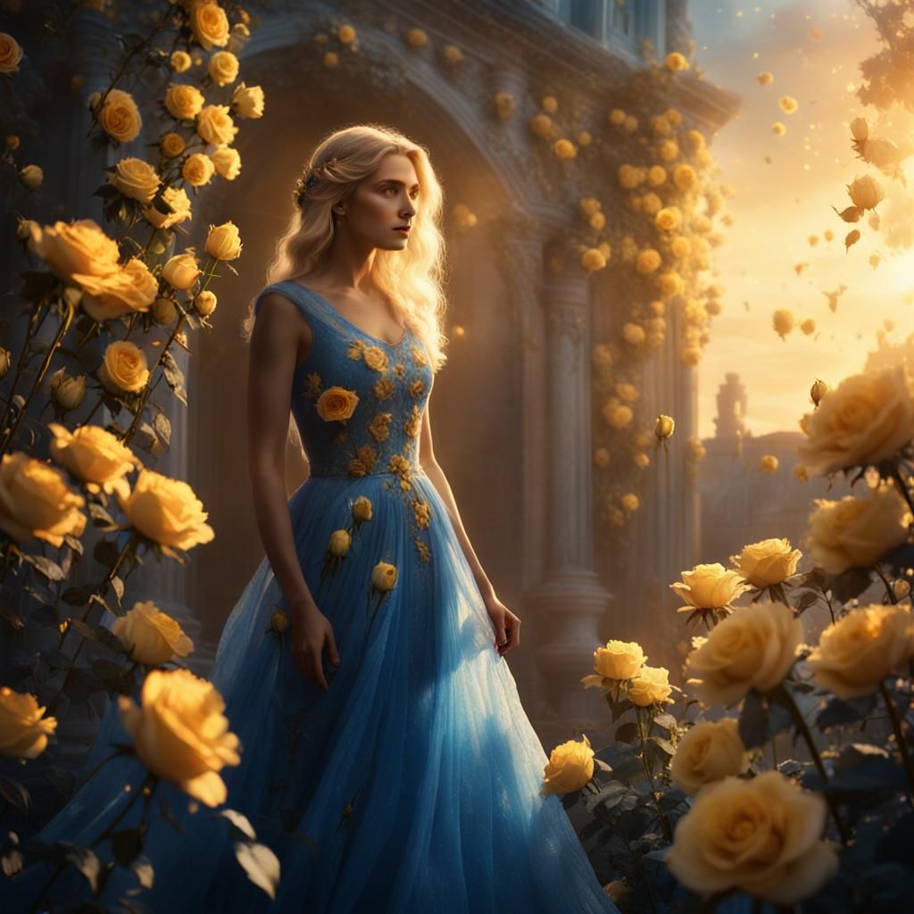 Woman in Blue Gown Amidst Glowing Roses