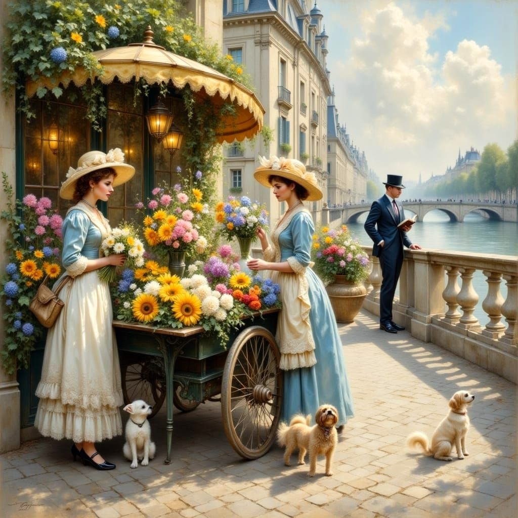 Impressionist Parisian Street Scene with Floral Cart
