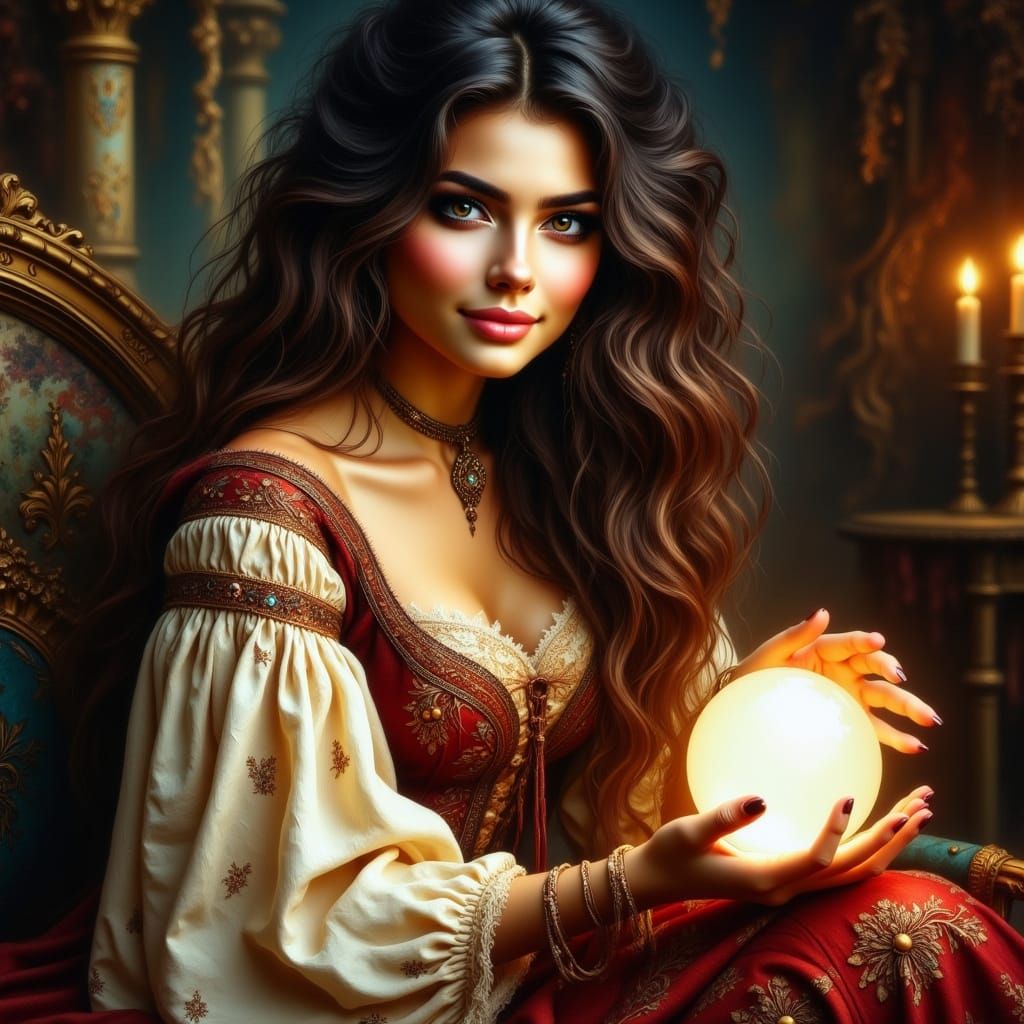 Medieval Fantasy Portrait of a Young Woman with a Crystal Ba...