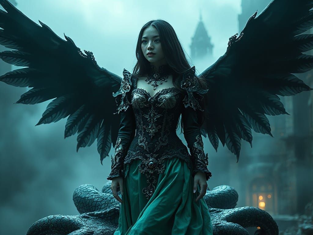 Gothic Winged Woman on Castle Tower
