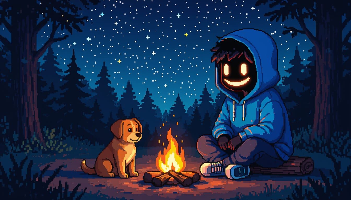 Boy and Puppy by Bonfire in 16-bit Pixel Art Style