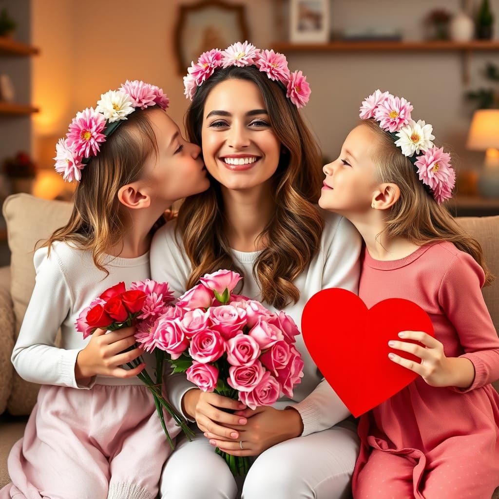 American Mother and Daughters Share Joyful Moment in Cozy Ho...