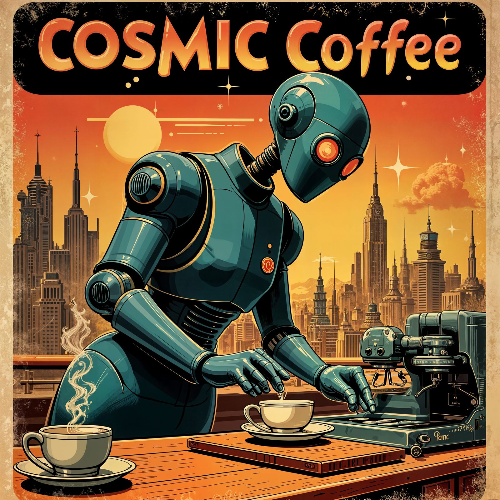 Retro Cosmic Coffee Ad in 1950s Comic Style