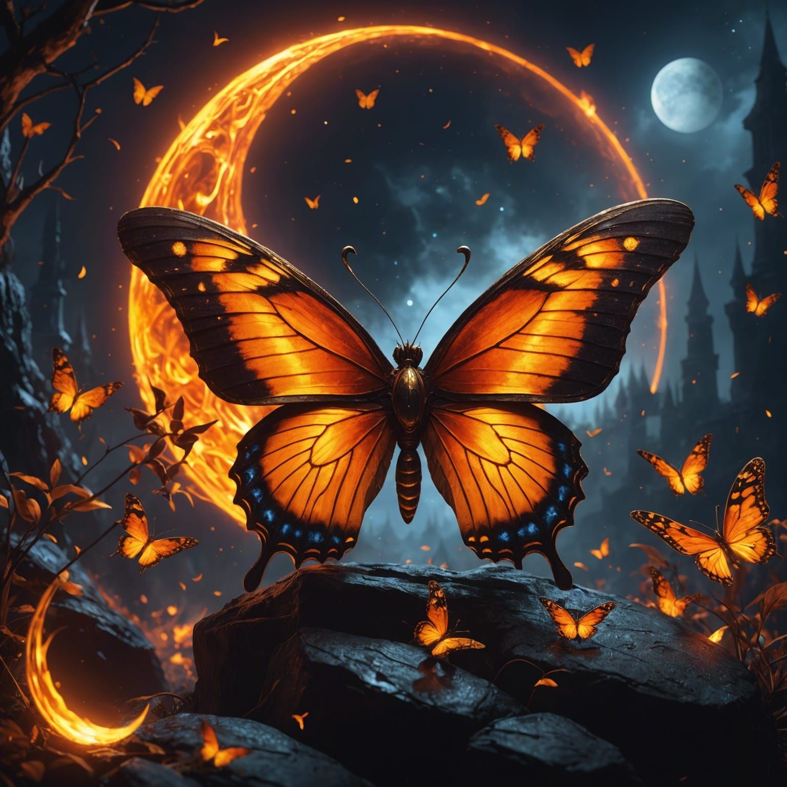Fiery Butterfly with Moon Eclipse, Fantasy Concept Art