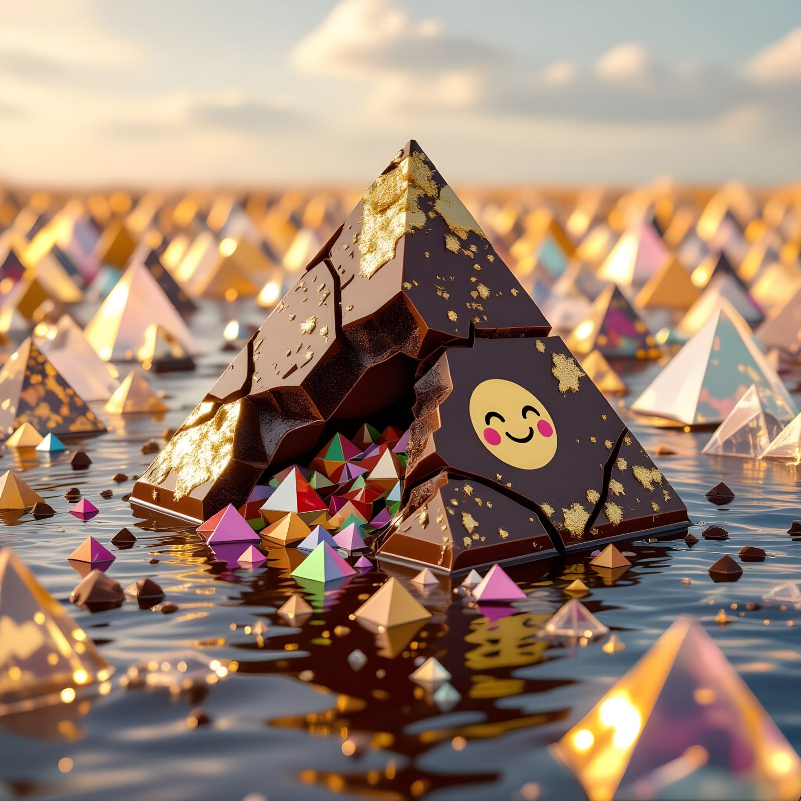 Melting Chocolate Pyramid in Hyper-Realistic CGI Style