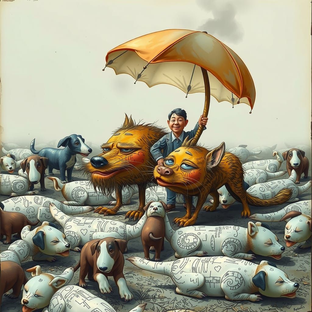 Cartoon Dürer Figures with Sniffing Dogs, Whimsical Art