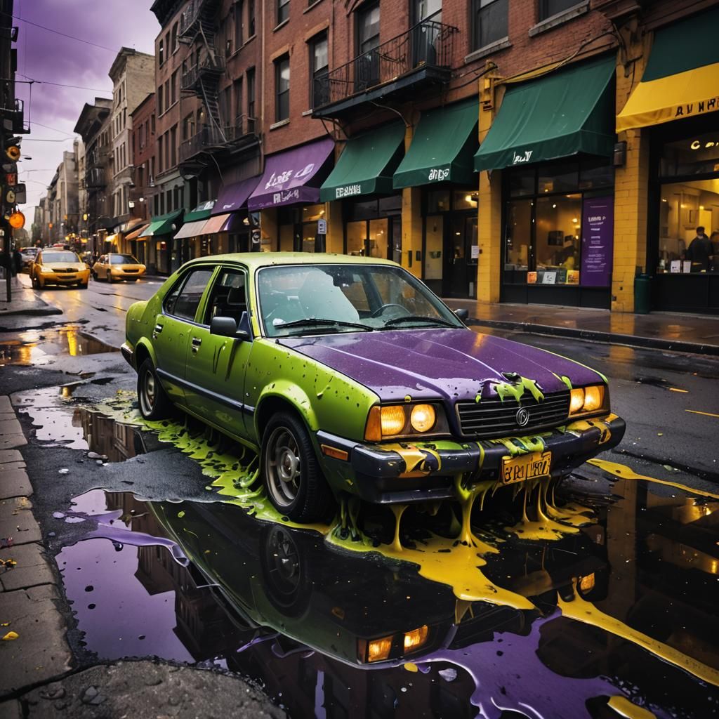 Surreal Melting Car in Dali-esque Cityscape