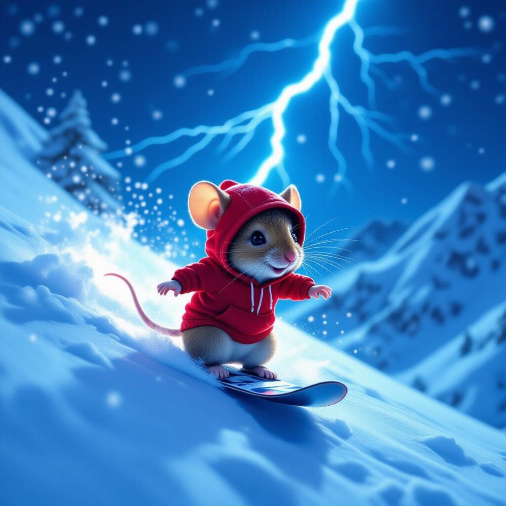 Mouse Snowboarding at Night in Red Hoodie