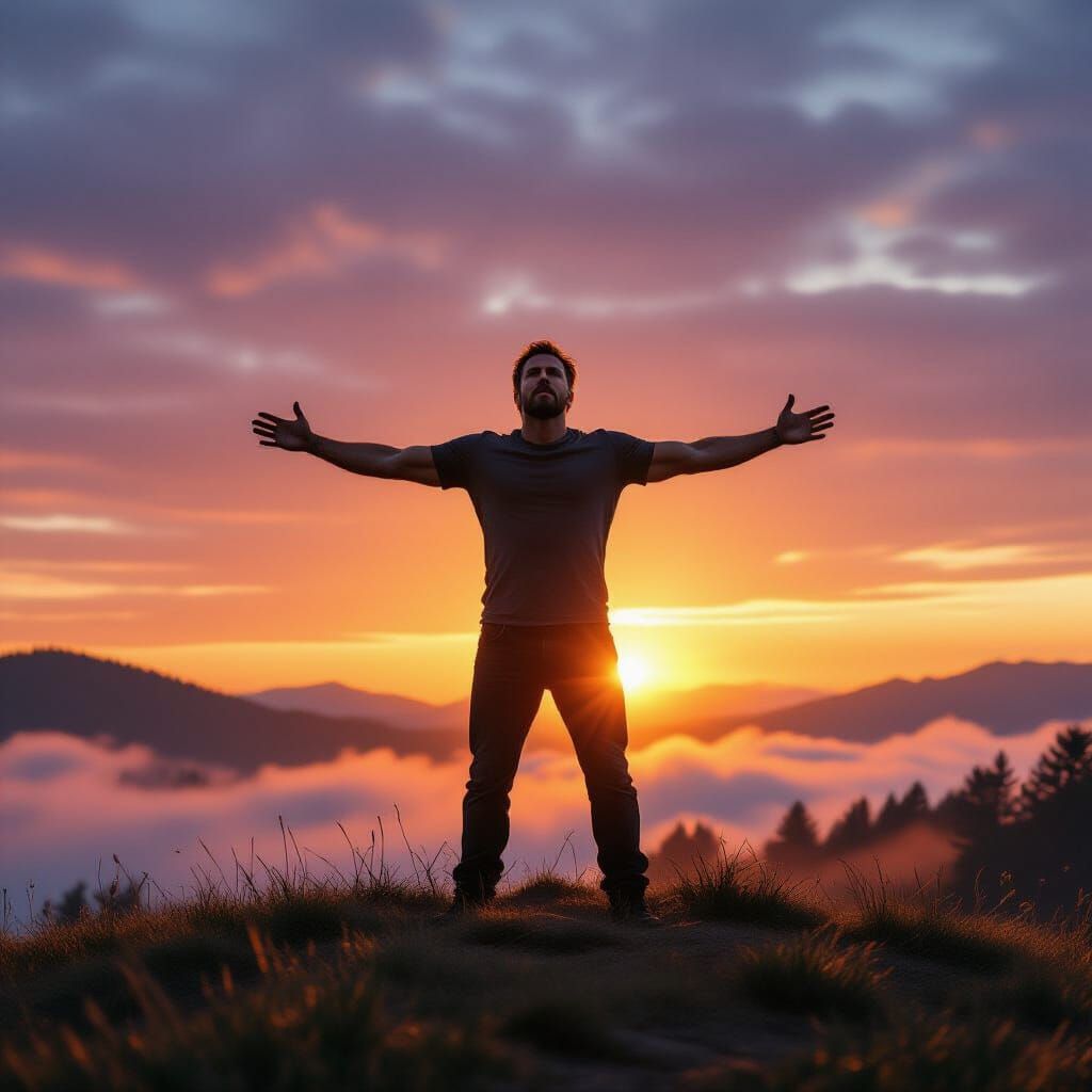 Man Embracing Sunrise on Hilltop