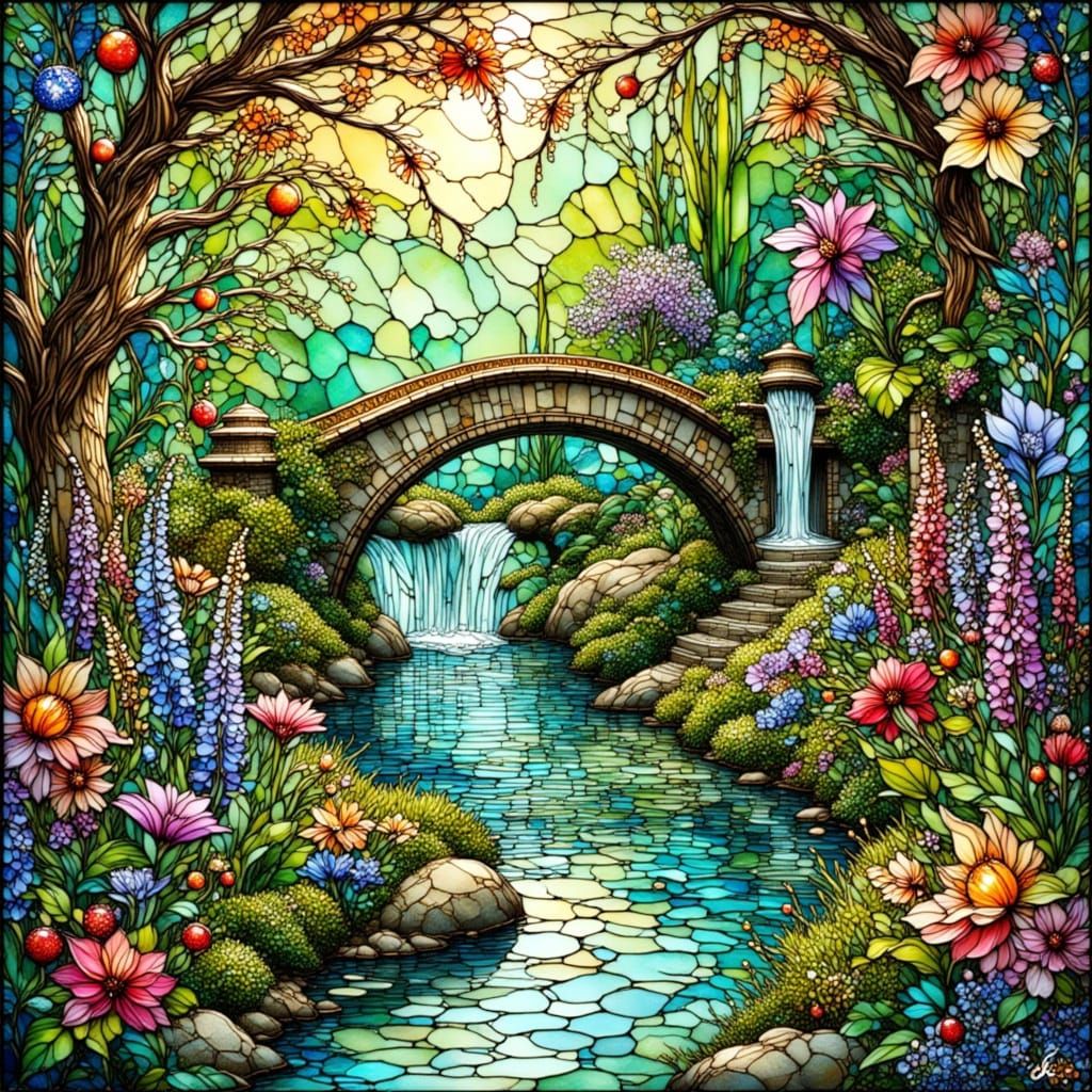 Stained Glass Garden With River and Bridge