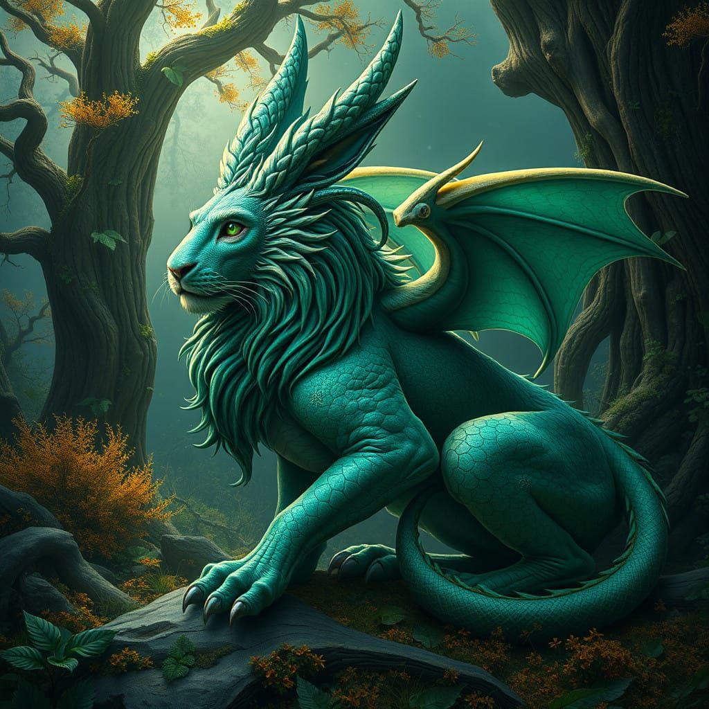 Celtic Lion-Dragon-Hare Hybrid in Emerald, Sapphire, and Amb...