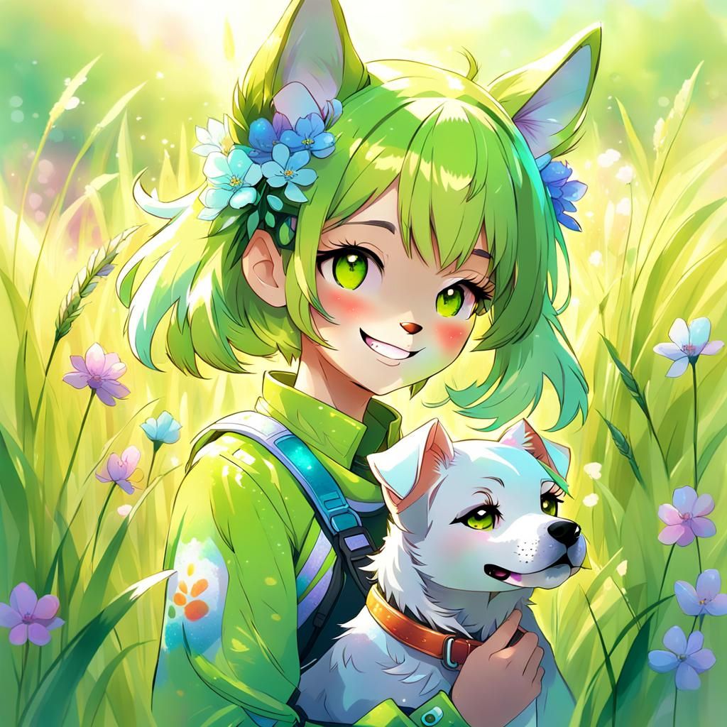 Anime Girl with Dog Ears in Floral Scene