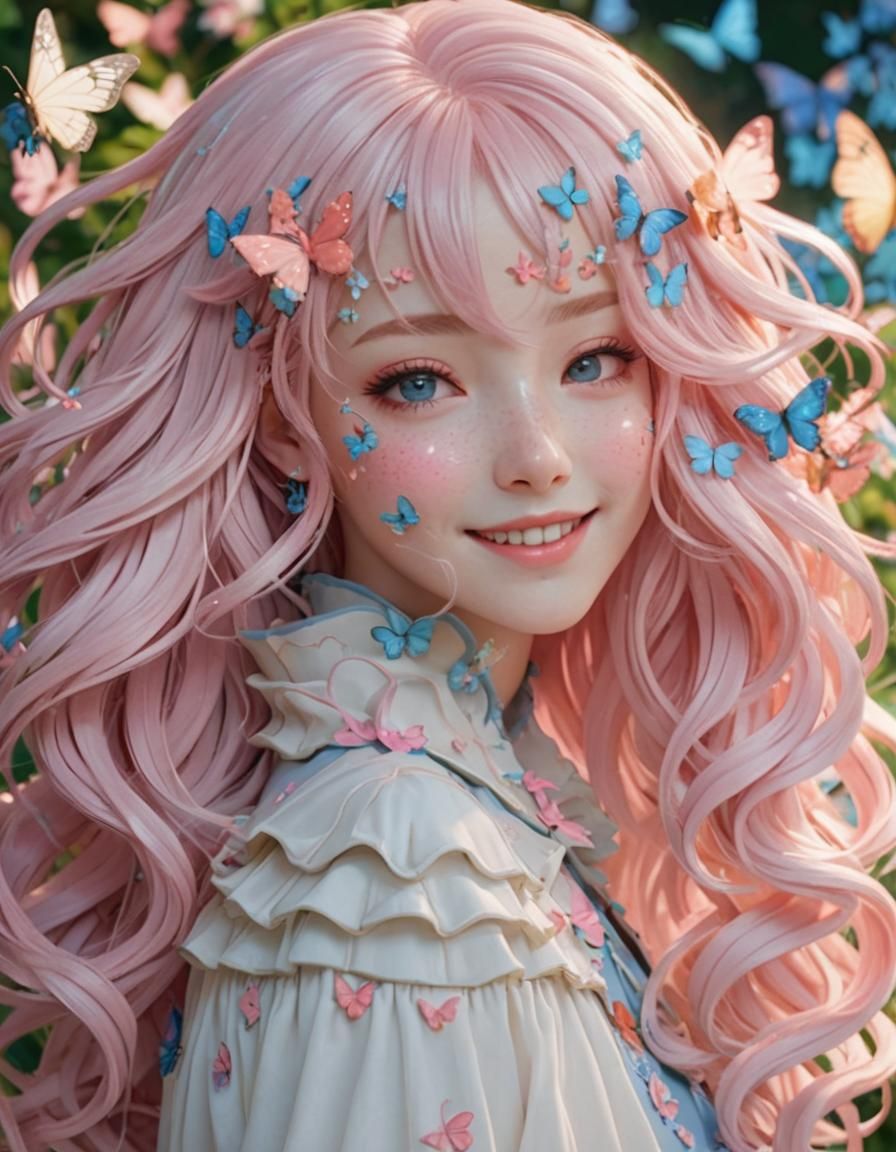 Anime Woman with Pink Hair in Serene Garden