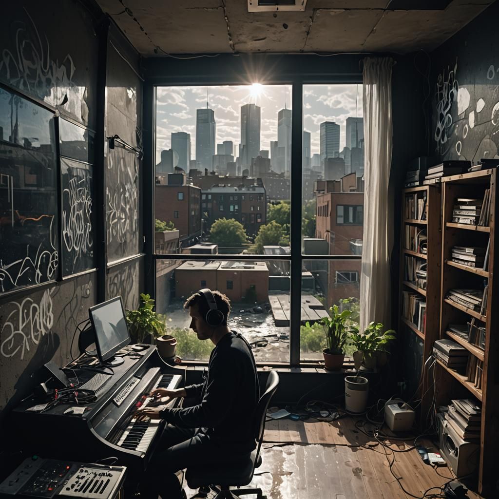 Musician Immersed in a Watery Studio Scene