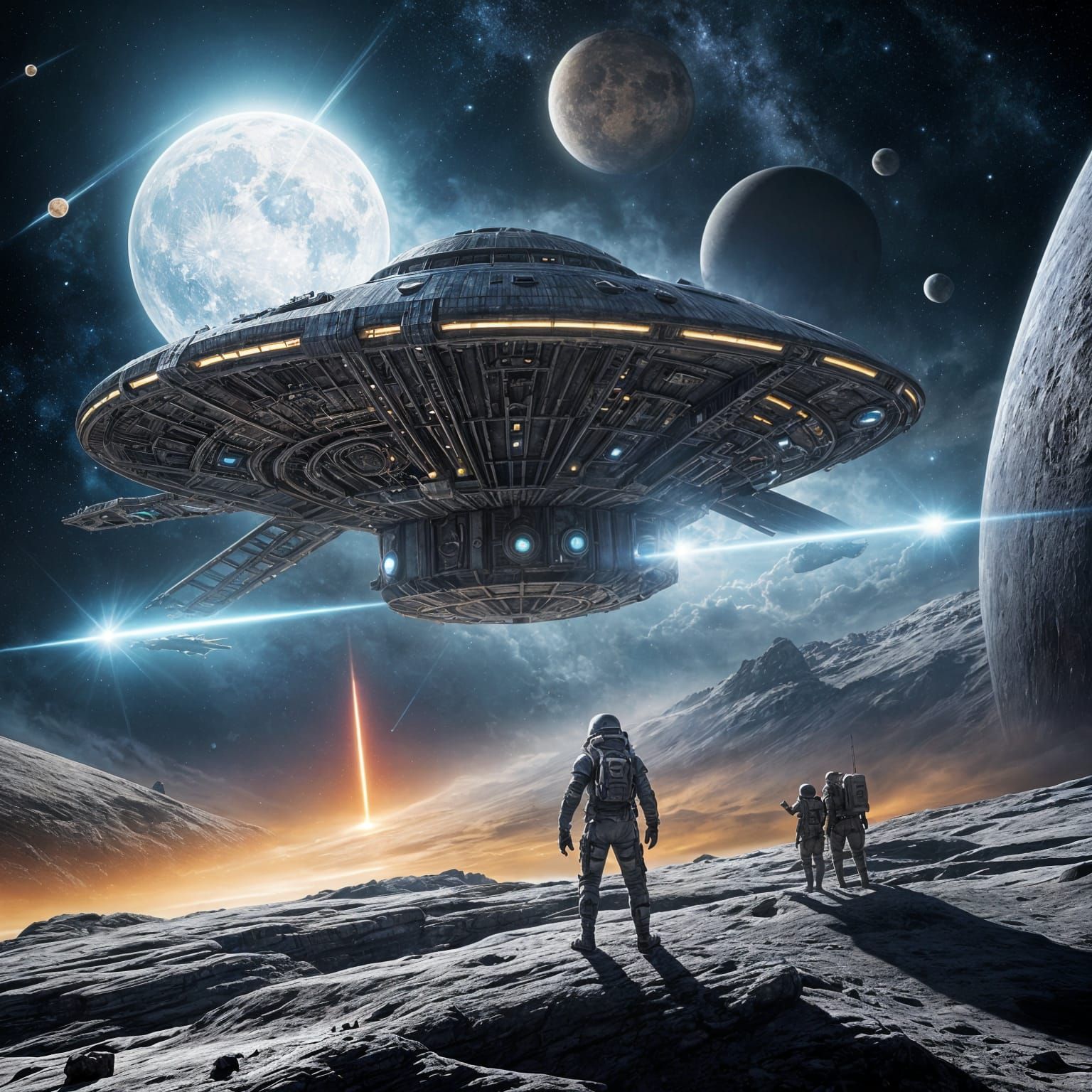 Cosmic Space Explorer Battles Alien Crew in Twin Sunlit Gala...