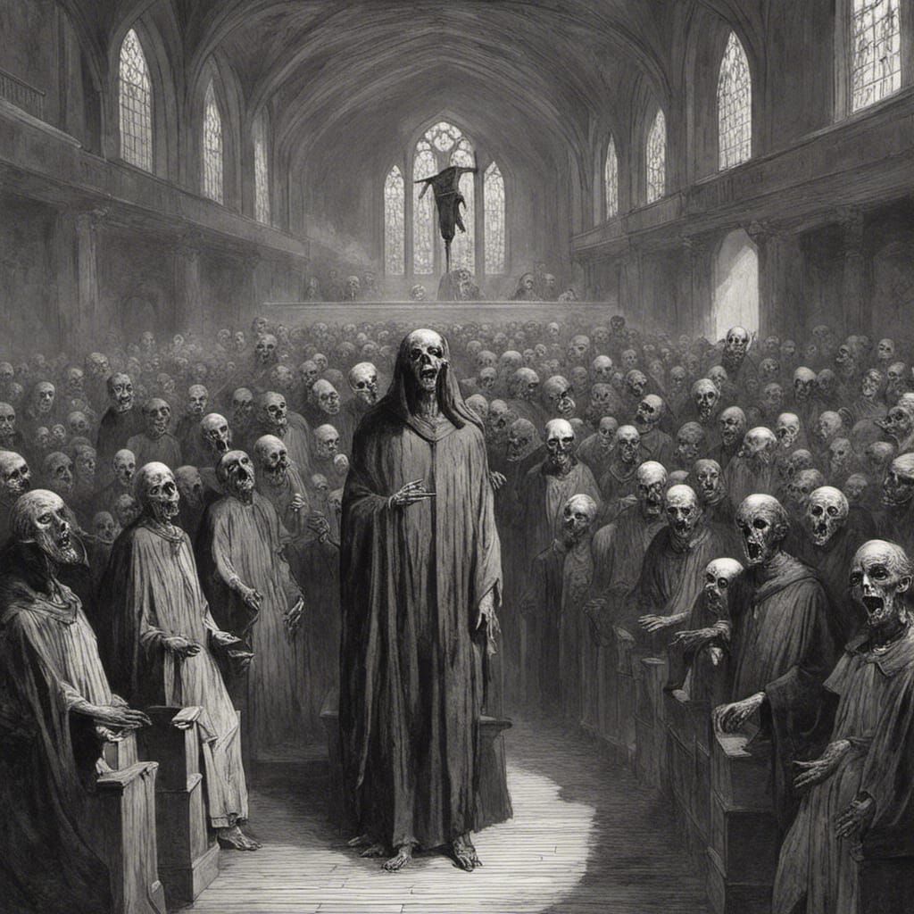 Horror Zombie Choir in Church, Doré Style