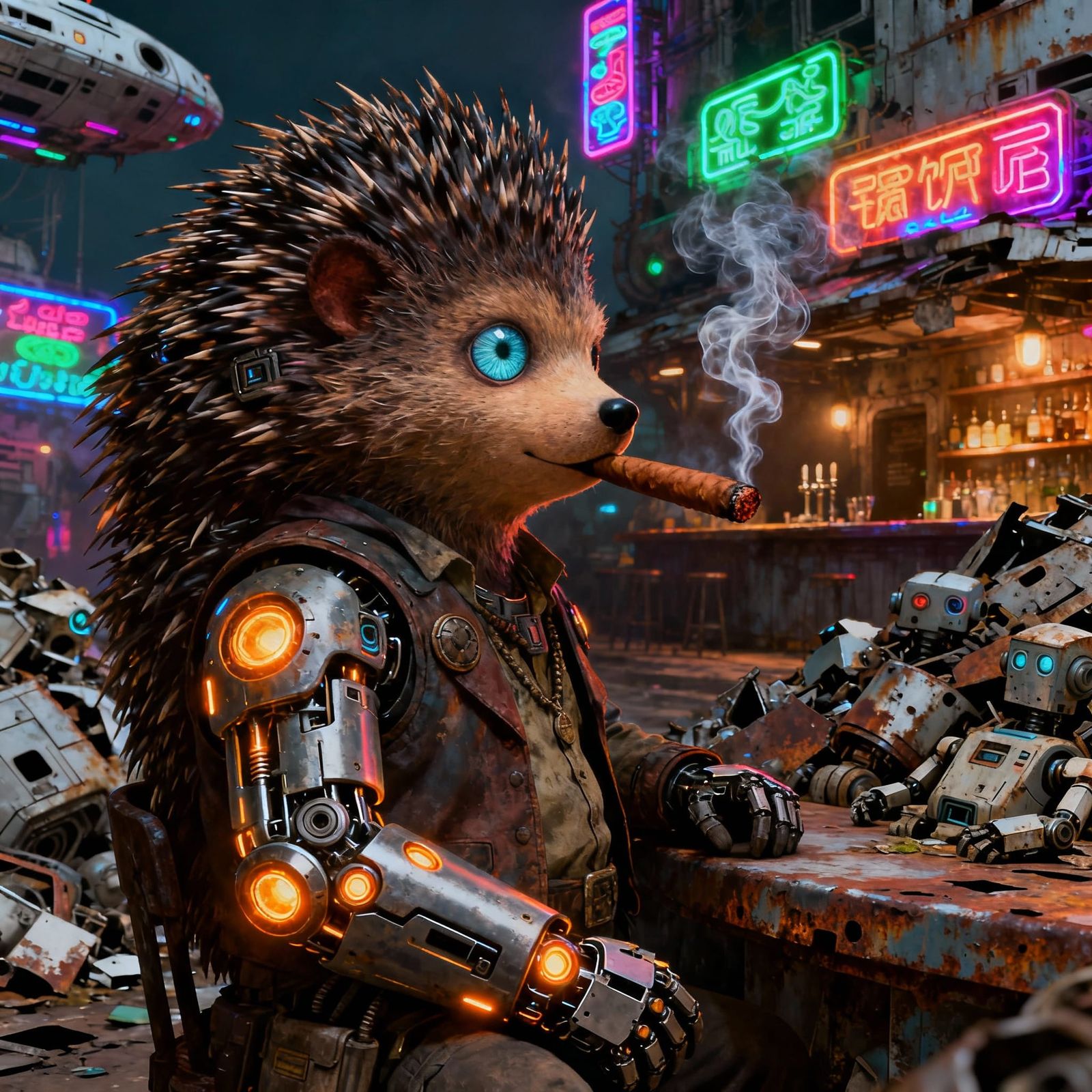 Cyberpunk Hedgehog Bar Owner on Junkyard Planet