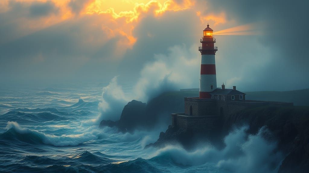 Lighthouse on Rugged English Coast in Stormy Sunset