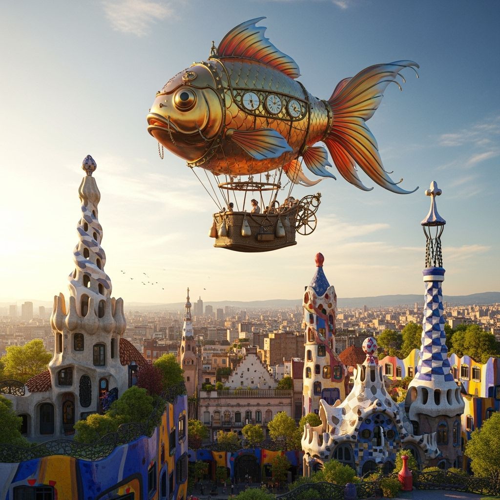 Goldfish Balloon Over Dreamlike Cityscape, Hyperrealistic Ar...