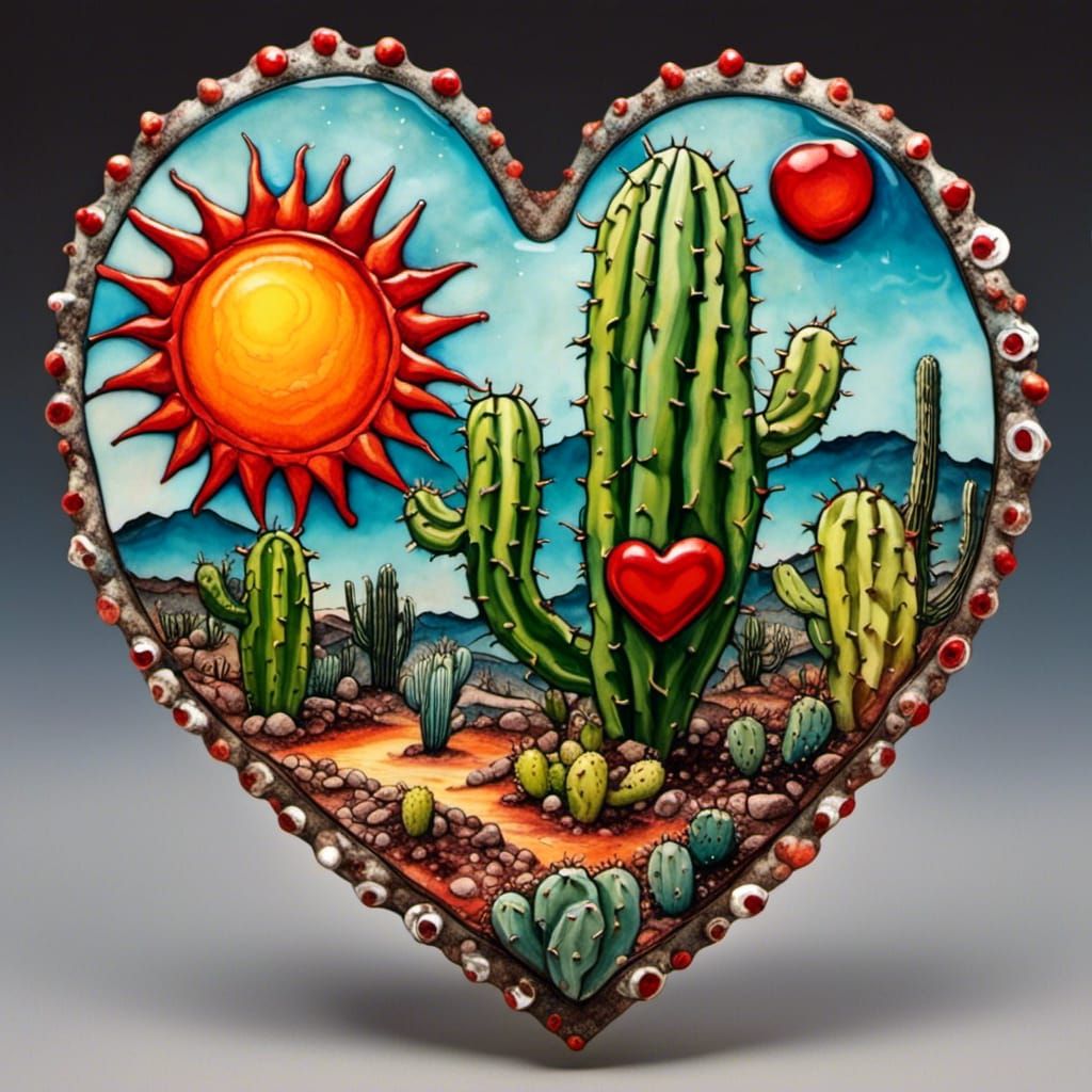 Heart-Shaped Cactus in a Surreal Landscape