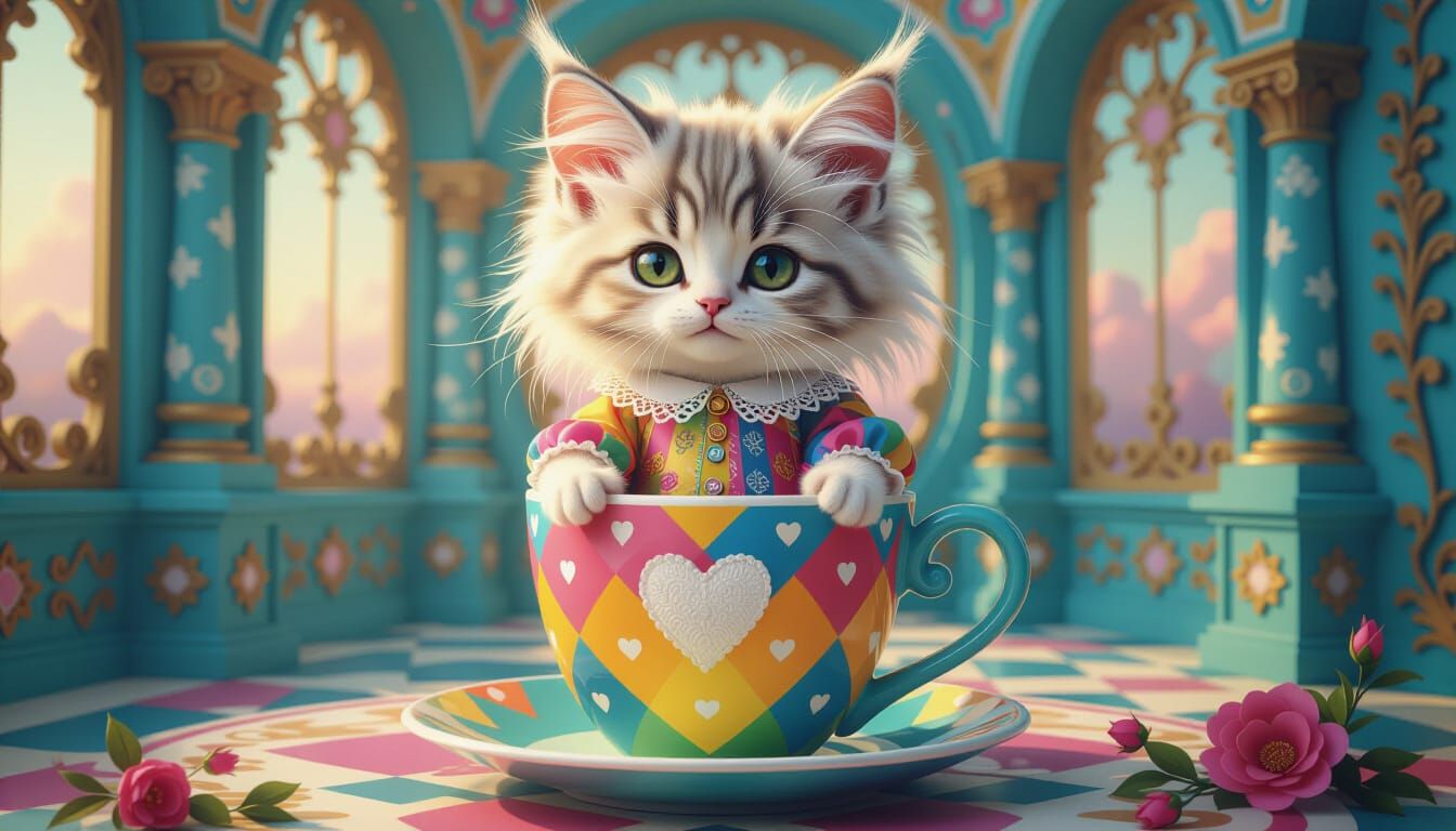 Anthropomorphic Kitten in Mug, Art Nouveau Style