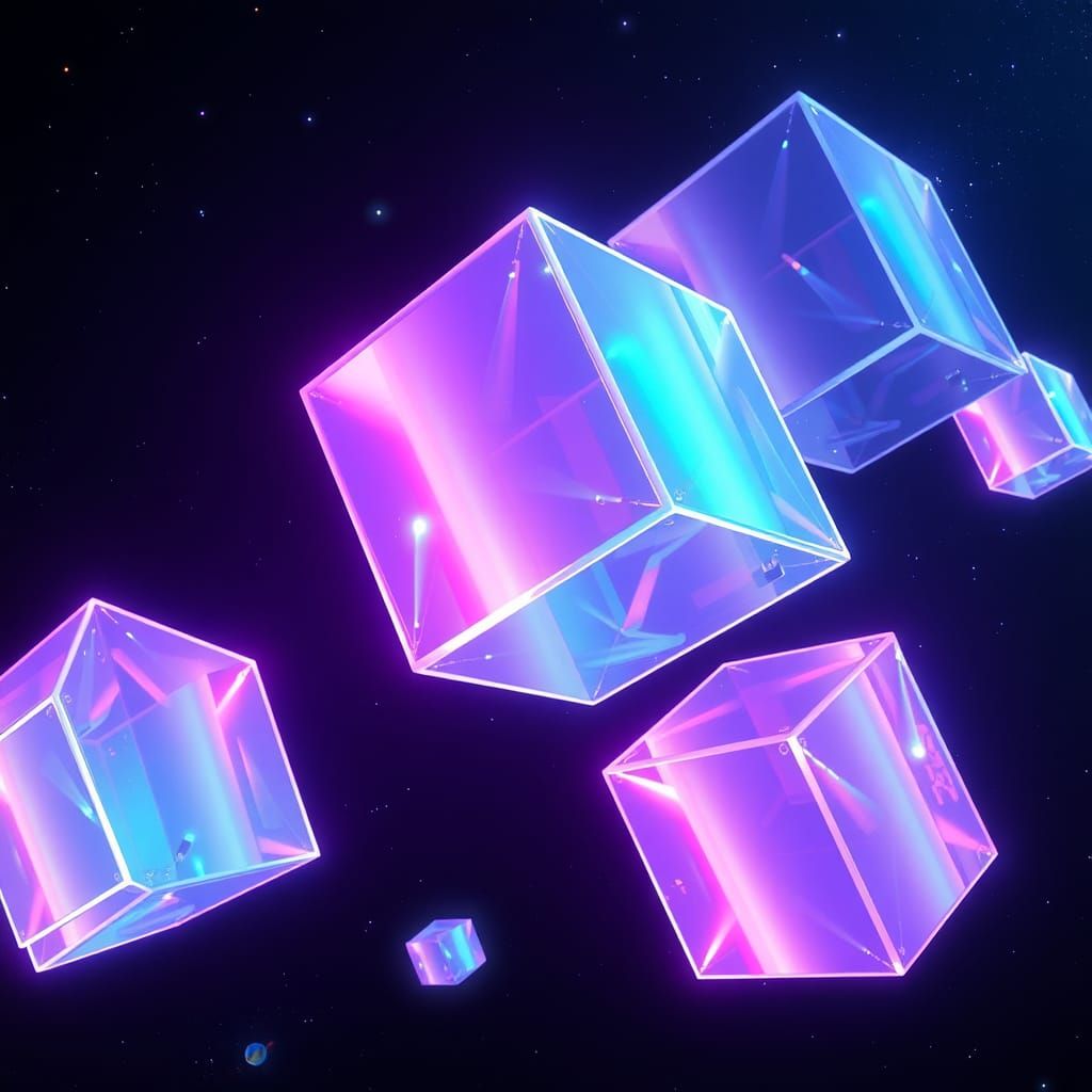 Glowing, Iridescent Cubes in Futuristic Space Odyssey