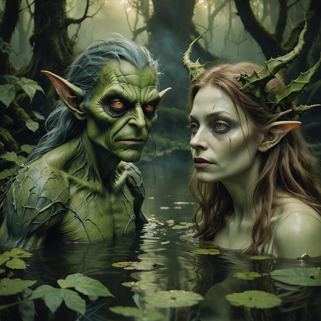 Goblin and Woman in Pond: Surrealist Dutch Master