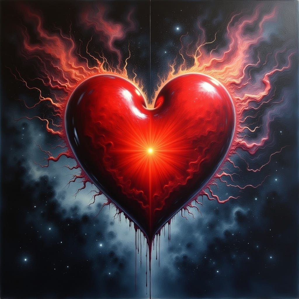 Ethereal Heart in Dark Cosmic Landscape, Oil and Charcoal Ar...
