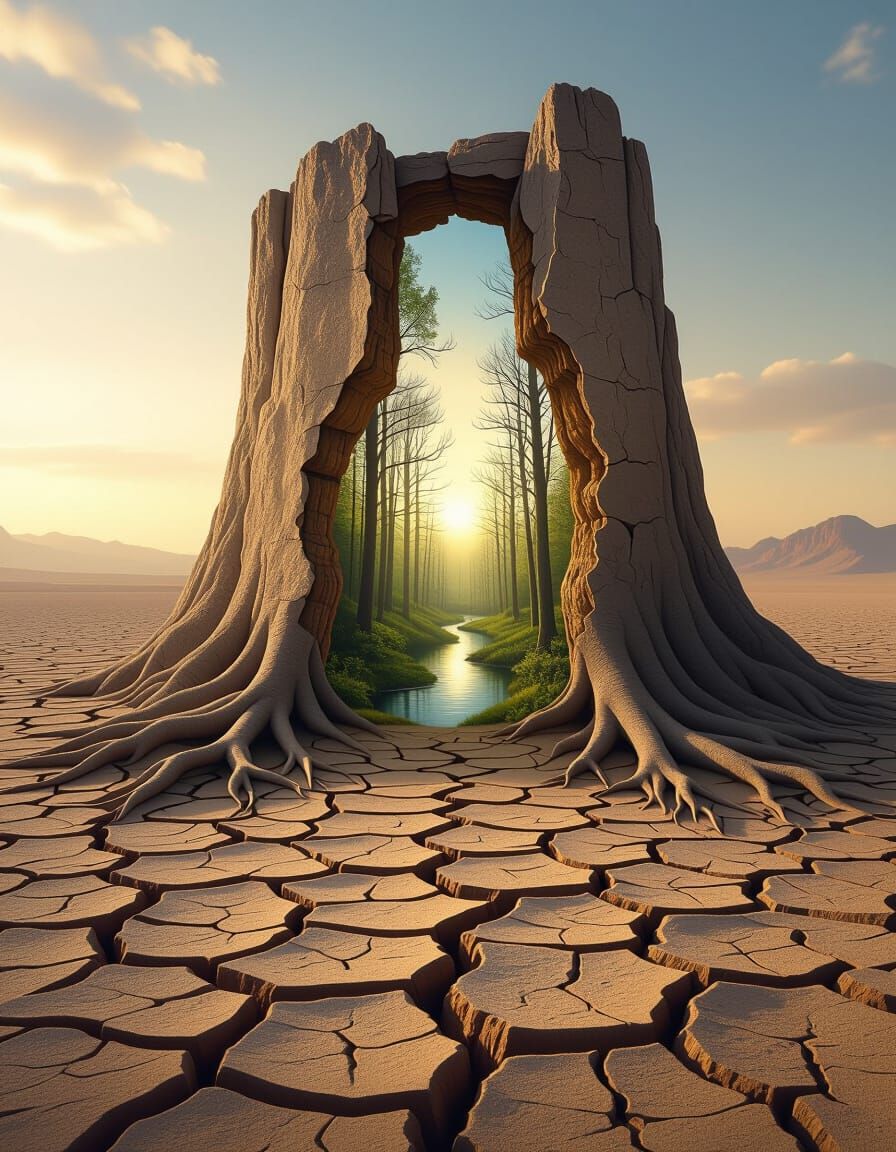 Surreal Rock Formation Revealing Lush Forest Landscape