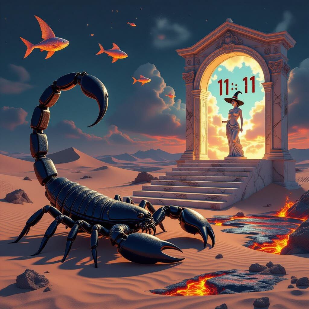 Surreal Scorpion and 11:11 Clock in Dreamscape