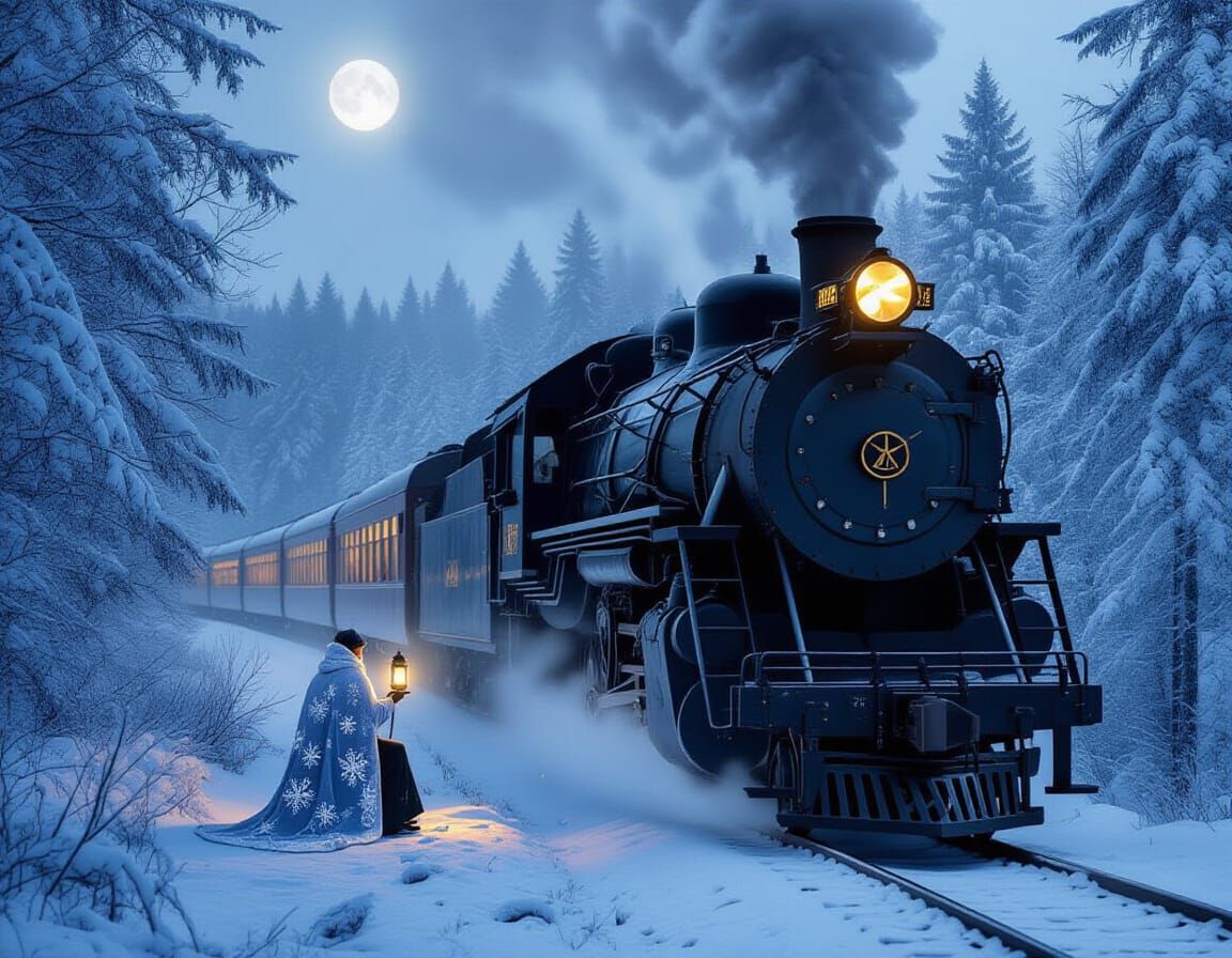 Snowy Forest Steam Train Double Exposure with Moonlit Glow